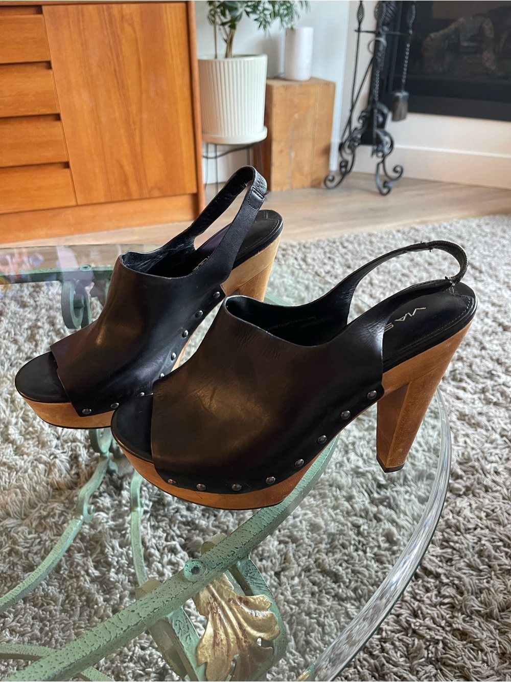 Black Leather Slingback Platform Heels
